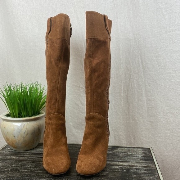 Kensie Brown Suede Bernadette Block Heel Side Zip Knee High Boots 8 - Picture 4 of 10